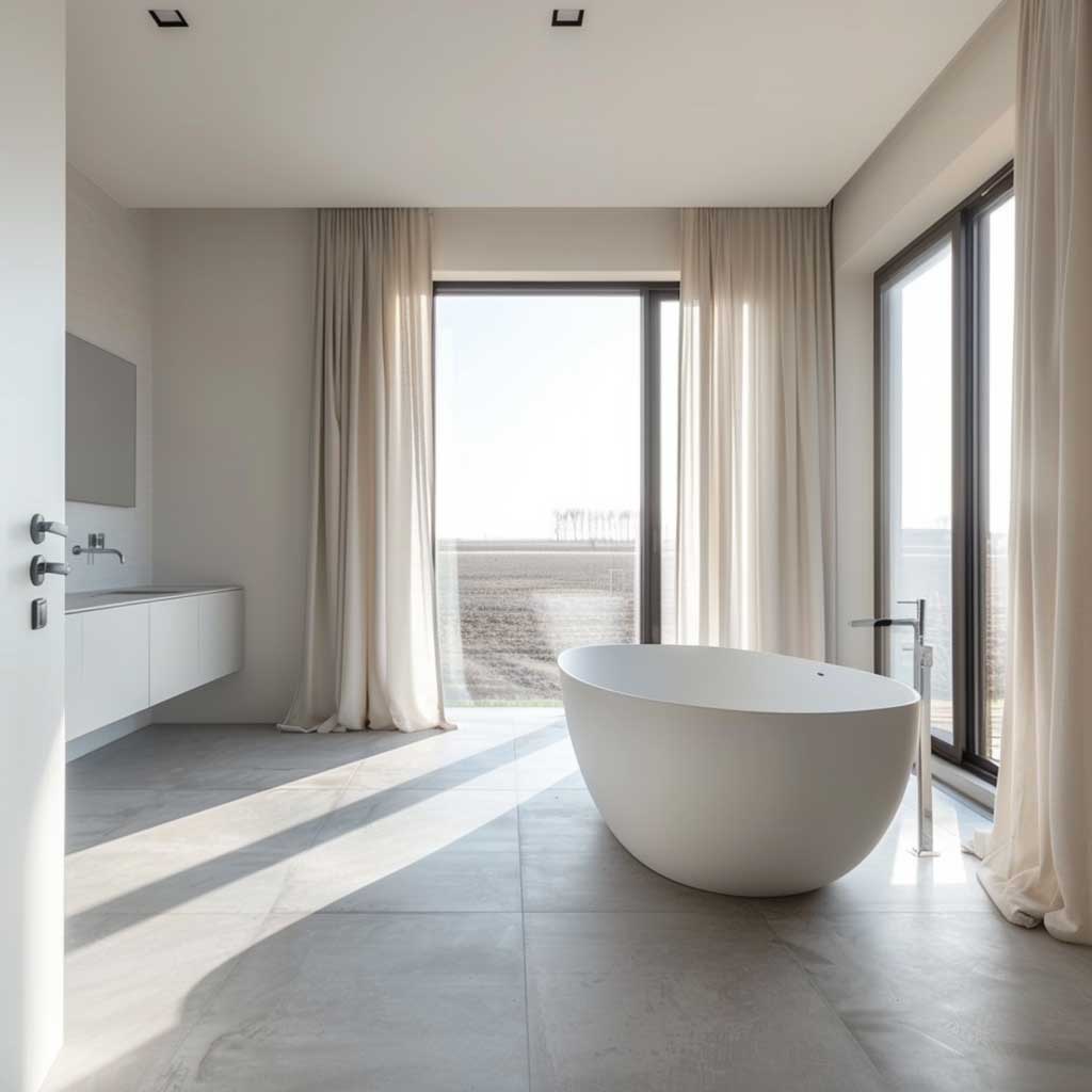 A natural light-filled minimalist bathroom featuring large windows, white walls, light grey stone flooring, a simple white freestanding bathtub, and minimalistic fixtures. The overall look is airy, serene, and modern.