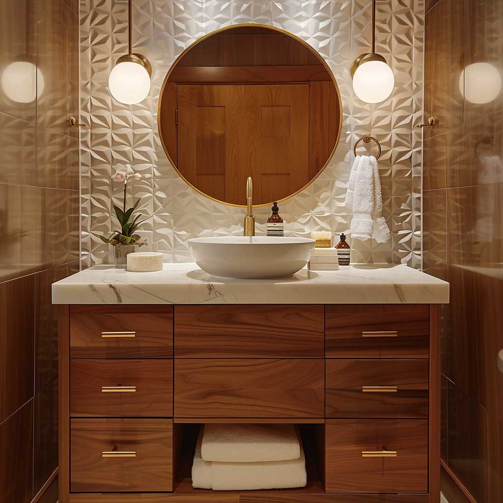 A beautiful bathroom with a sleek teak vanity, retro geometric tiles, a large round mirror, brass fixtures, and soft ambient lighting. The overall look is stylish, warm, and evocative of mid-century modern design.