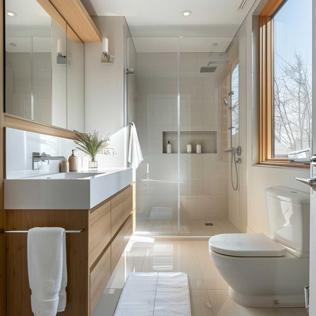 An elegant minimalist bathroom featuring white walls, light wooden accents, a sleek floating vanity, a frameless glass shower, and large windows letting in natural light. The overall look is clean, serene, and modern.