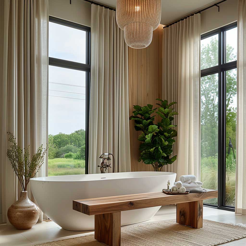 A beautiful bathroom featuring a white freestanding tub with organic shapes, a teak wood bench, large windows with natural views, a vintage pendant light, and green plants. The overall look is serene, modern, and inspired by mid-century design.