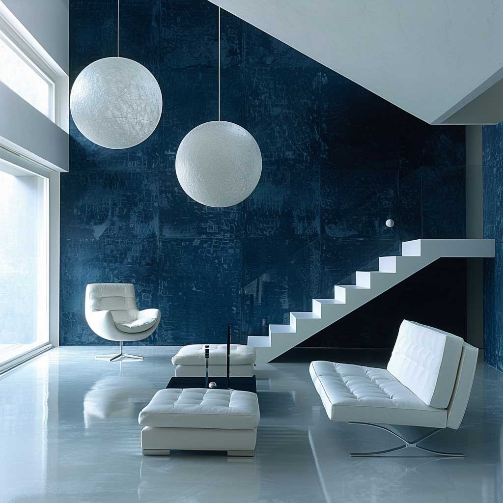 A room painted in various shades of a single color, such as deep blues, with contrasting white furniture and minimalistic decor. The space is sophisticated and stylish, featuring sleek, modern lines and an elegant ambiance.