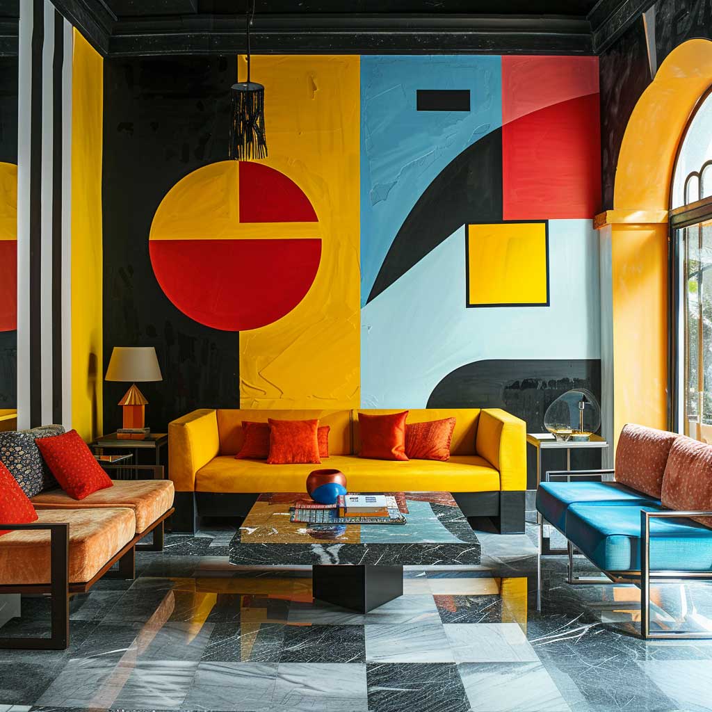 A room with bold geometric paint patterns on the walls, featuring bright contrasting colors like yellow, blue, and black. The room has modern minimalist furniture and vibrant decor elements that enhance the geometric design.