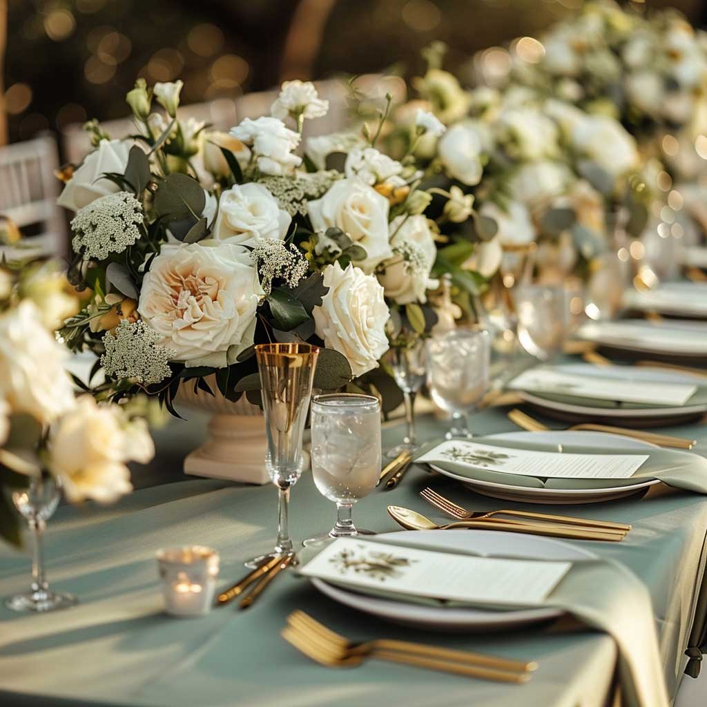 sage green napkins and white plates for wedding reception