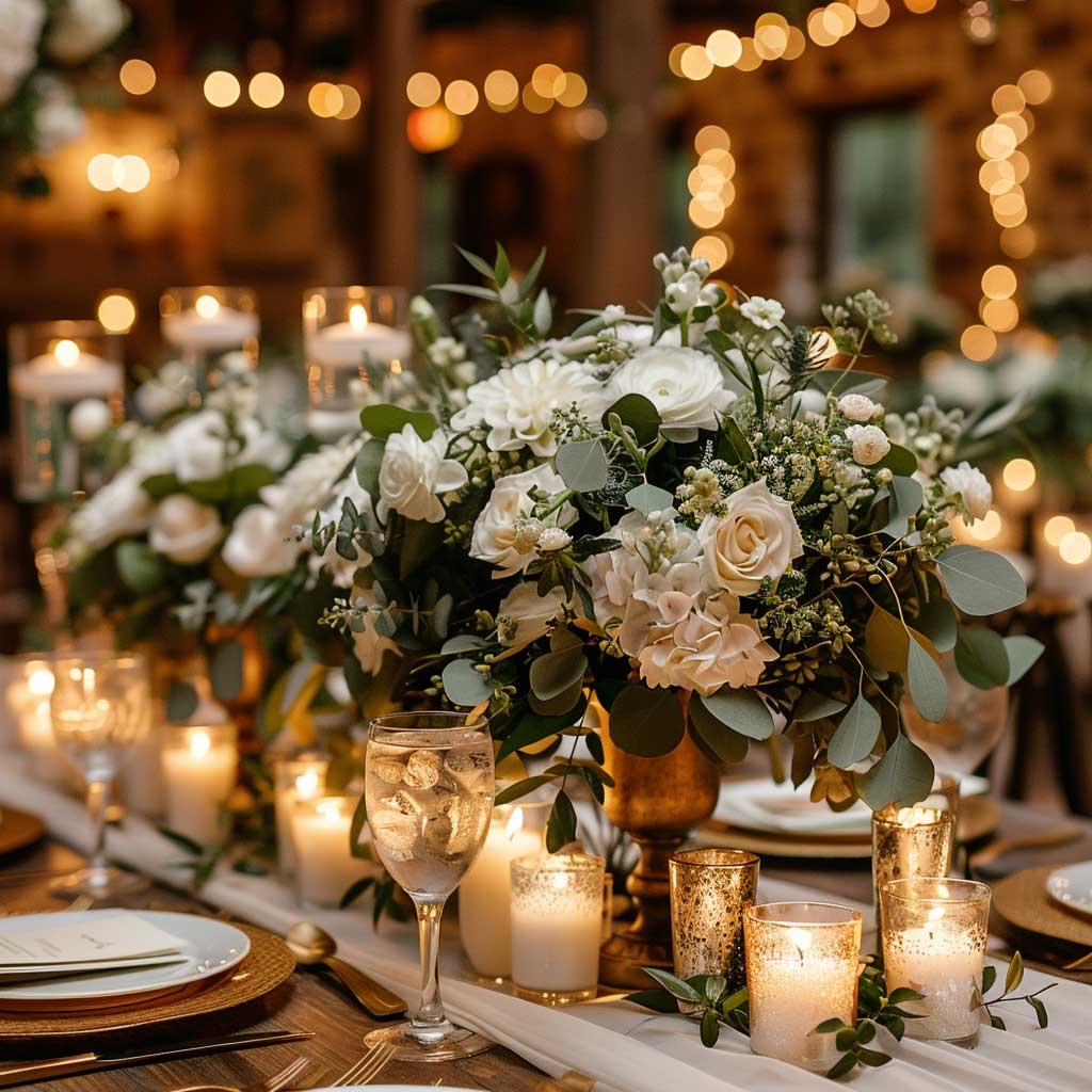 sage green wedding centerpiece with eucalyptus and white roses