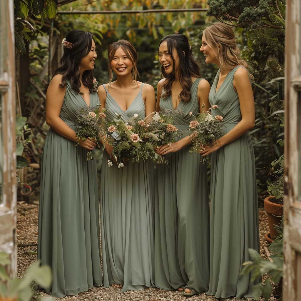 sage green bridesmaid dresses styled with gold accessories