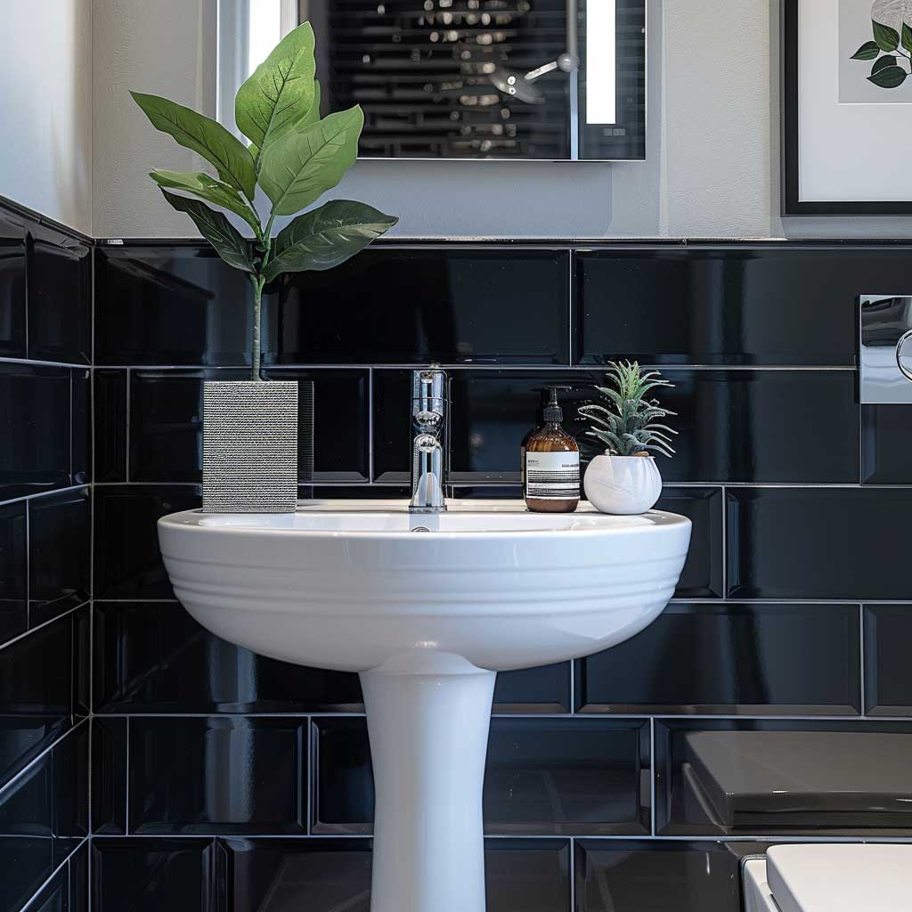 A small modern bathroom with black tile accents, white fixtures, and minimalist decor. The space should feature sleek black subway tiles on one wall, contrasted with light gray walls and a white pedestal sink. Add a small potted plant and a frameless mirror above the sink for a touch of elegance.