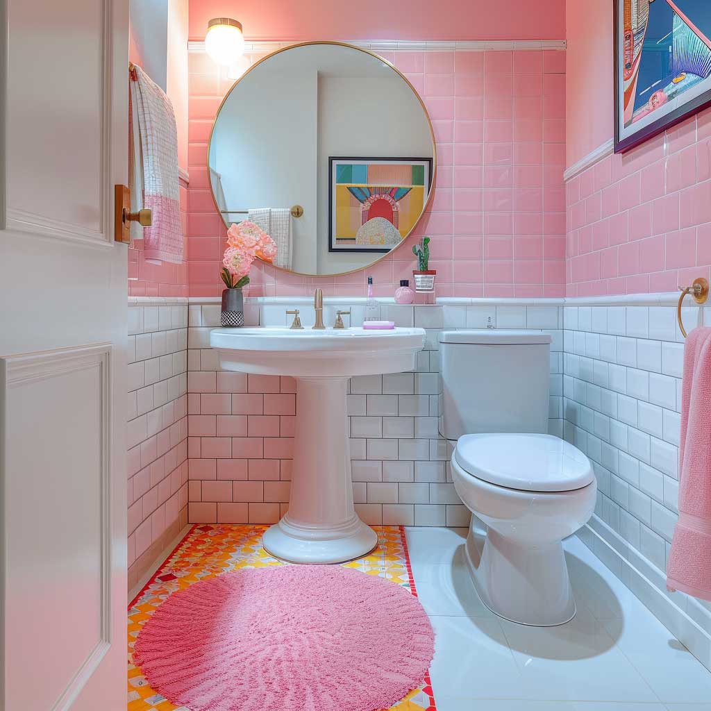 A small modern bathroom with pink tile accents, white fixtures, and playful decor. The space should feature blush pink subway tiles on one wall, contrasted with white walls and a white pedestal sink. Add a colorful bath mat and a round mirror with a decorative frame for a whimsical touch.