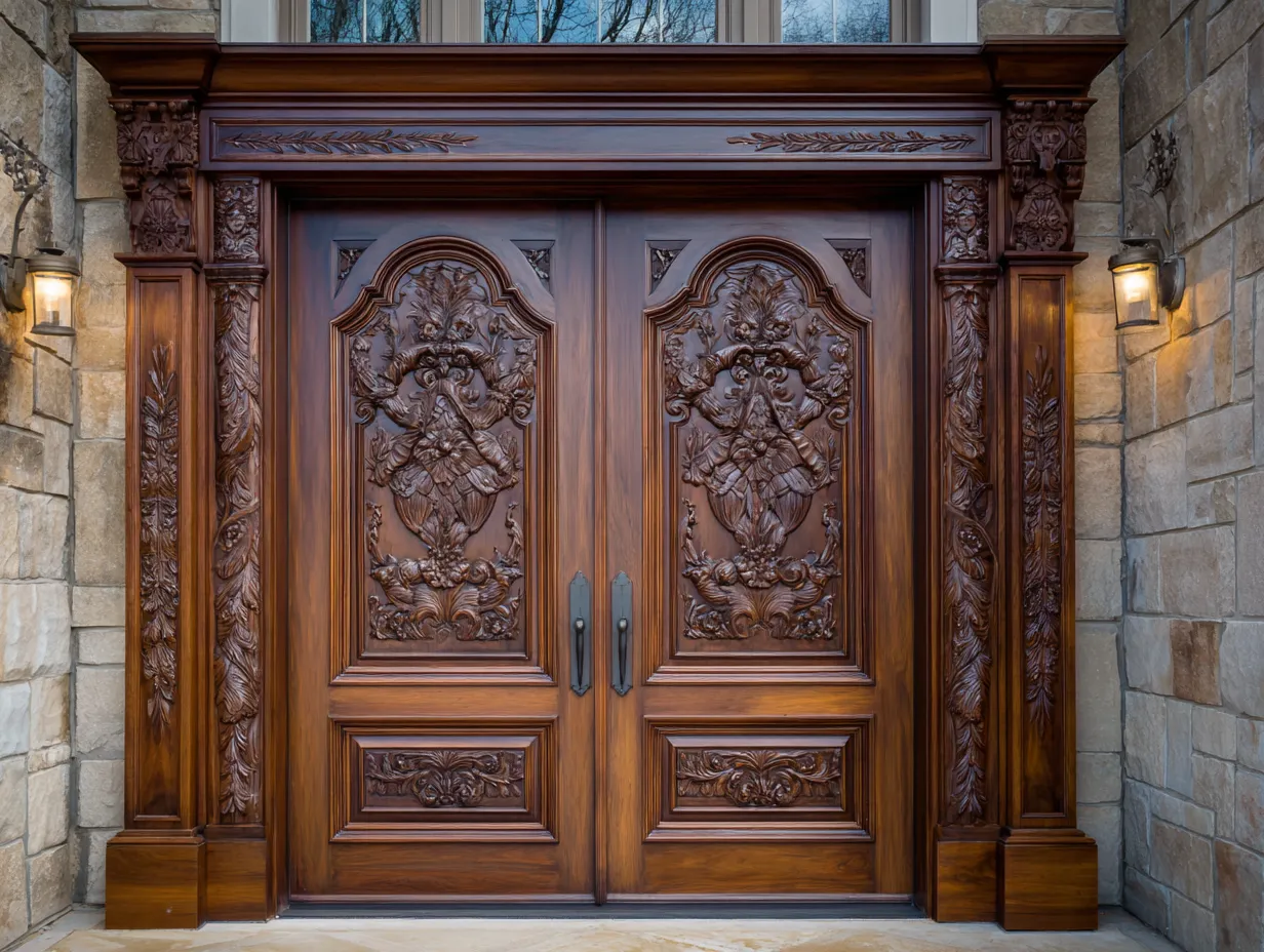 Mahogany Double Door Designs for a Warm, High-End Front Entrance