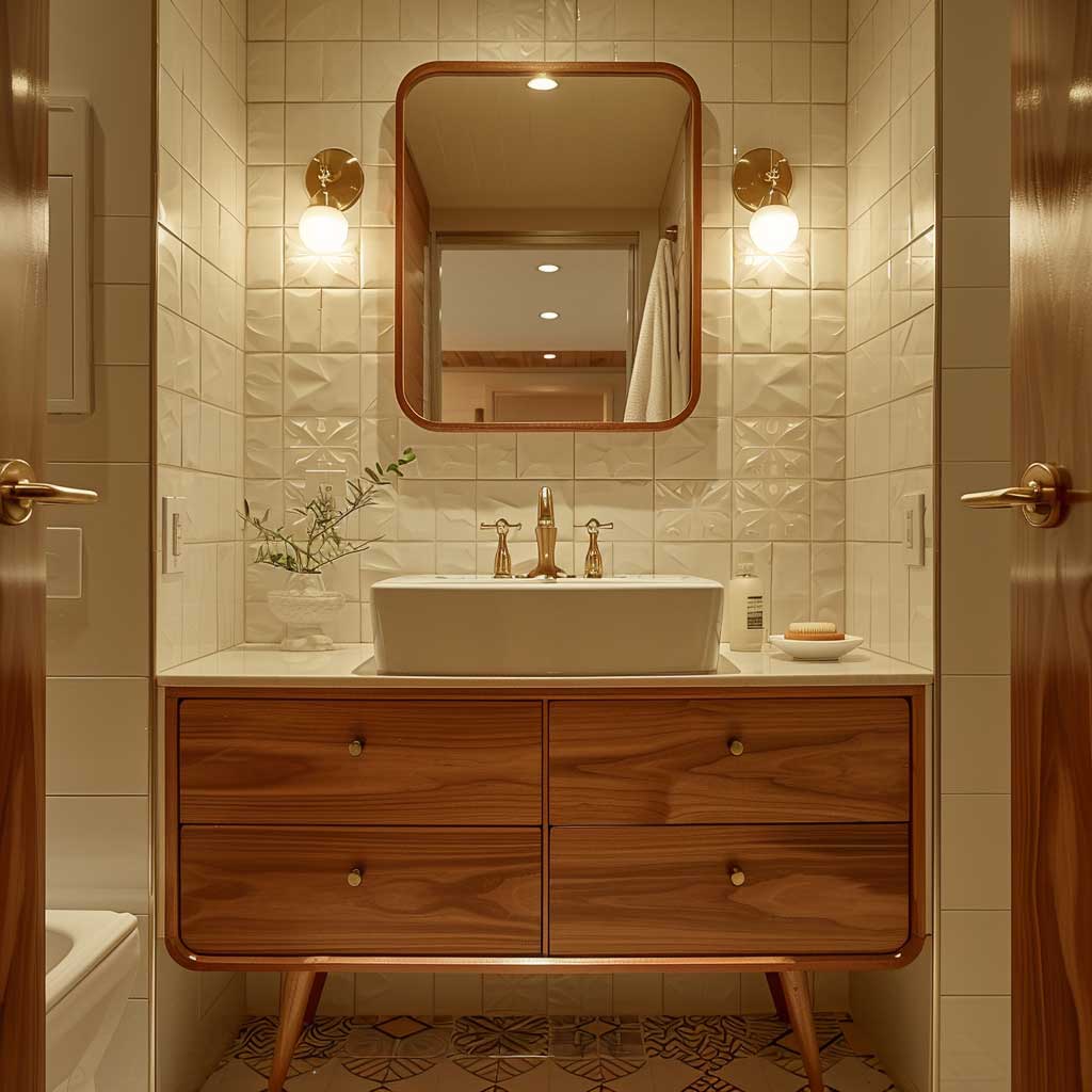A Mid-Century Modern bathroom featuring a classic wooden vanity with tapered legs, a rectangular mirror with rounded edges, brass hardware, and white ceramic sink, surrounded by retro tile patterns and soft ambient lighting – in the style of retro, elegant, timeless, warm.