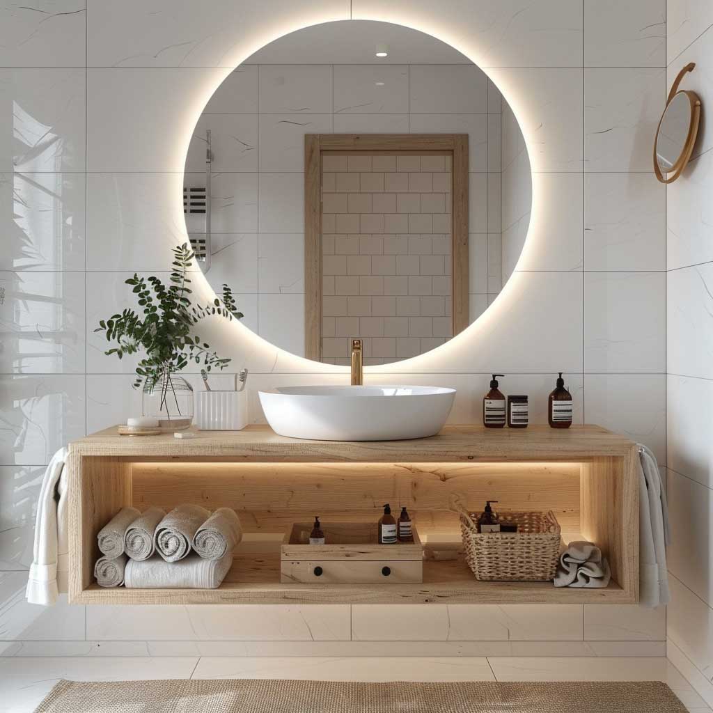 A modern Scandinavian bathroom with a sleek floating vanity, featuring light wood finish, minimalist hardware, white ceramic sink, and a large circular mirror, set against a white tiled wall with soft ambient lighting – in the style of hygge, minimalist, bright, airy.