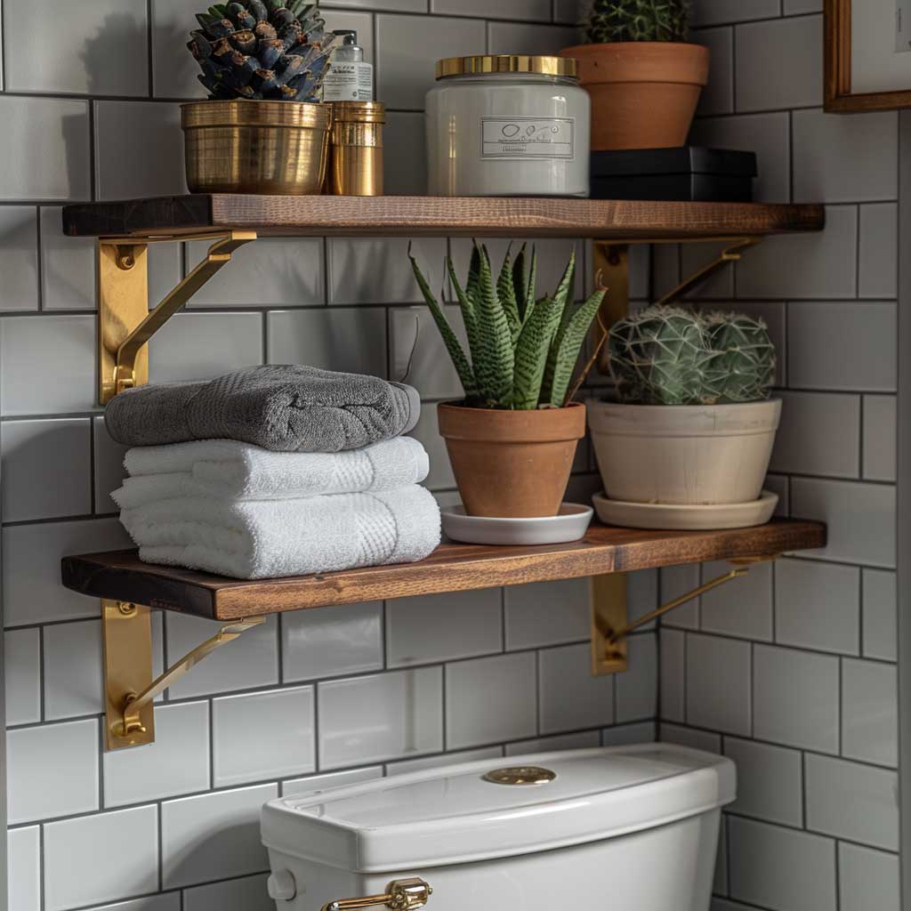 A Mid-Century Modern bathroom with retro floating shelves in walnut wood, featuring clean lines, brass brackets, potted plants, vintage decor items, and classic black and white tiles – in the style of retro, minimalist, stylish, functional.