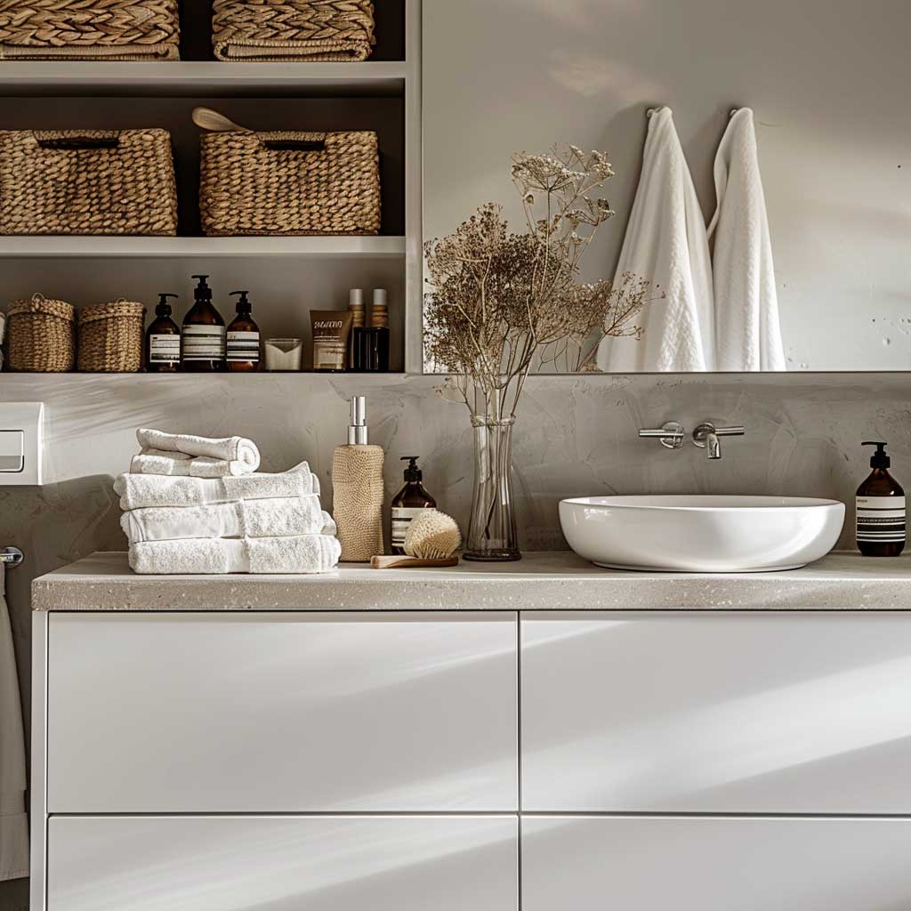 A Scandinavian bathroom with minimalist storage solutions, including sleek white cabinets, open wooden shelves, woven baskets, and neatly organized toiletries, set against a light grey wall with subtle textures – in the style of hygge, minimalist, organized, serene.