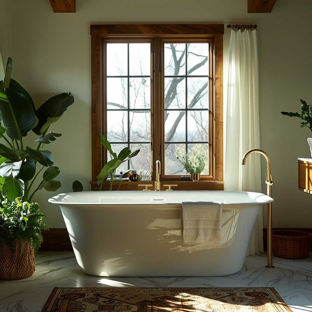 A Mid-Century Modern bathroom featuring an elegant freestanding tub with sleek lines, a matte finish, modern brass fixtures, surrounded by teak wood accents, large windows with natural light, and lush green plants – in the style of retro, luxurious, serene, stylish.