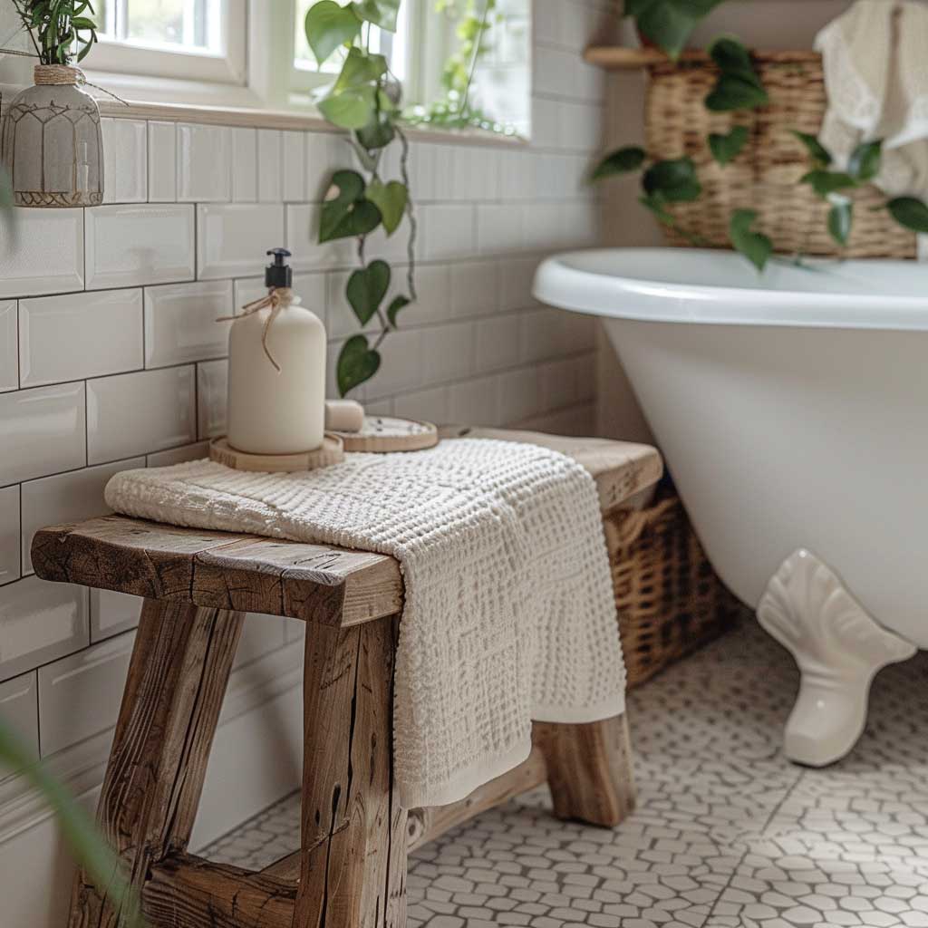 A Scandinavian bathroom featuring a cozy wooden stool with natural finish, placed next to a freestanding bathtub, surrounded by soft white towels, greenery, and muted tones – in the style of hygge, minimalistic, warm, inviting.
