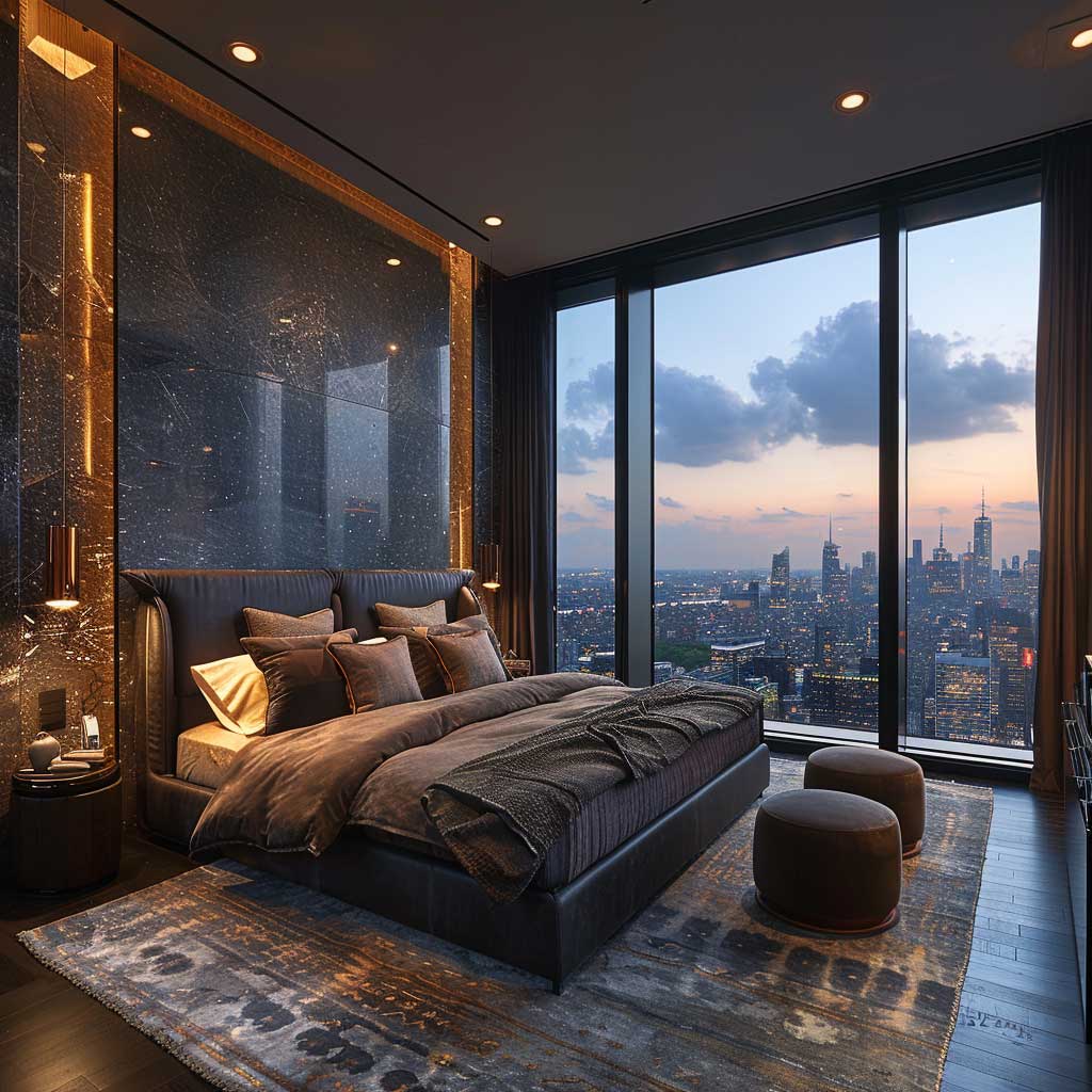 A luxurious bedroom with elegant black slate flooring, contemporary furniture with clean lines, soft lighting, and large windows with cityscape views.
