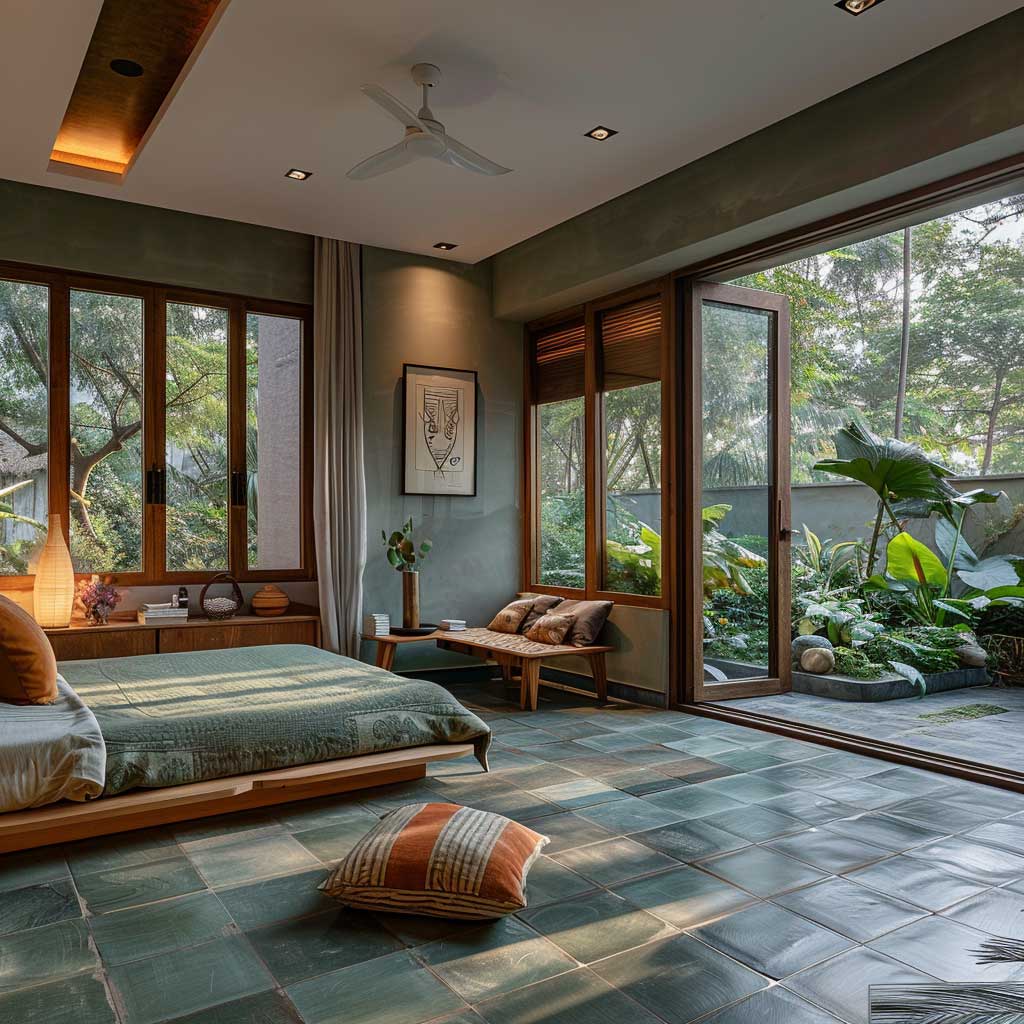 A serene bedroom with natural green slate flooring, eco-friendly furniture, soft lighting, and large windows with views of a lush garden.