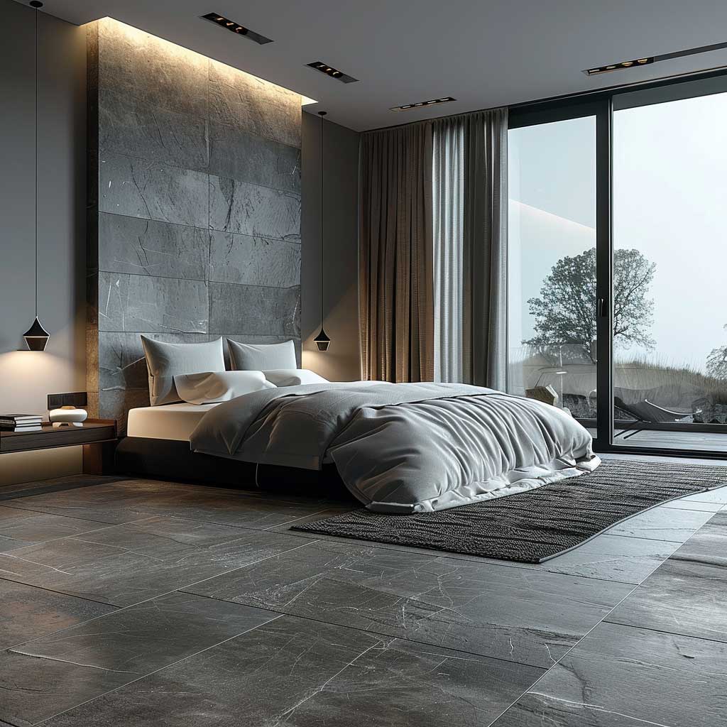 A contemporary bedroom with chic gray slate flooring, minimalist furniture, large windows with sheer curtains, and soft ambient lighting.