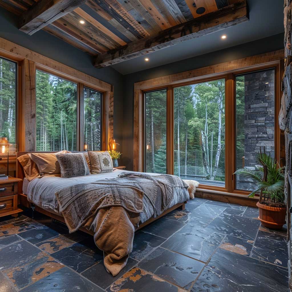 A cozy bedroom with rustic charcoal slate flooring, wooden furniture, warm lighting, and large windows with views of a forest.
