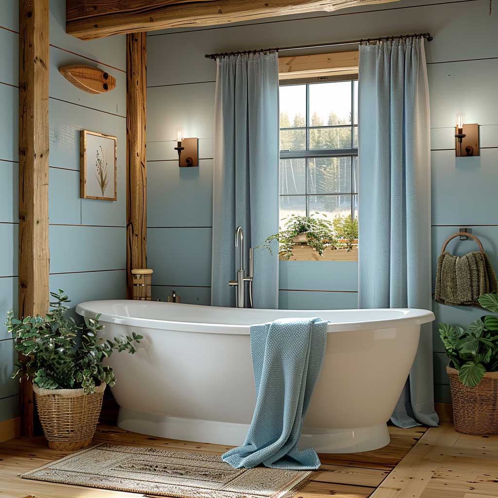 Cozy cabin bathroom with light blue walls, a freestanding tub, rustic wooden accents, soft blue towels, and greenery. Warm lighting and natural materials create a spa-like atmosphere.