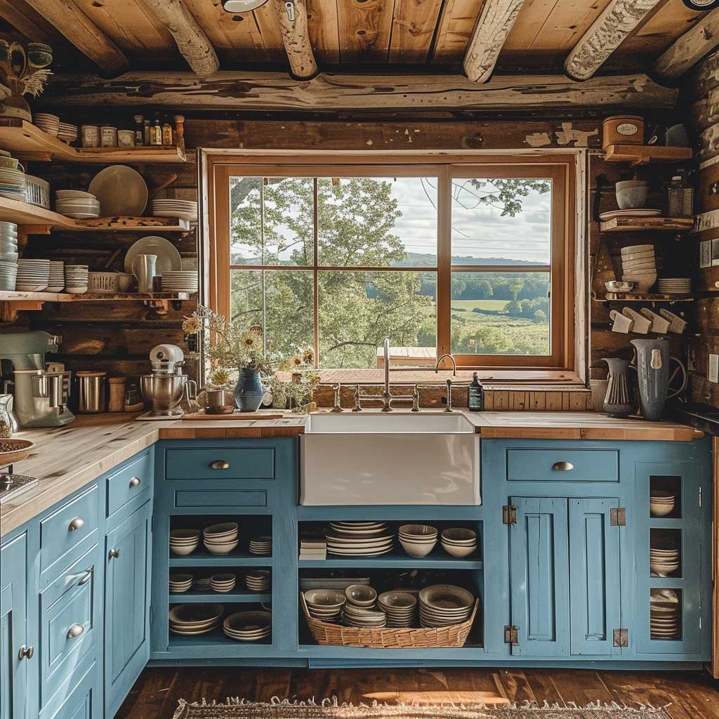 Cozy cabin kitchen with blue cabinets, rustic wooden countertops, open shelving with blue dishware, vintage blue appliances, and a large window overlooking a serene landscape.