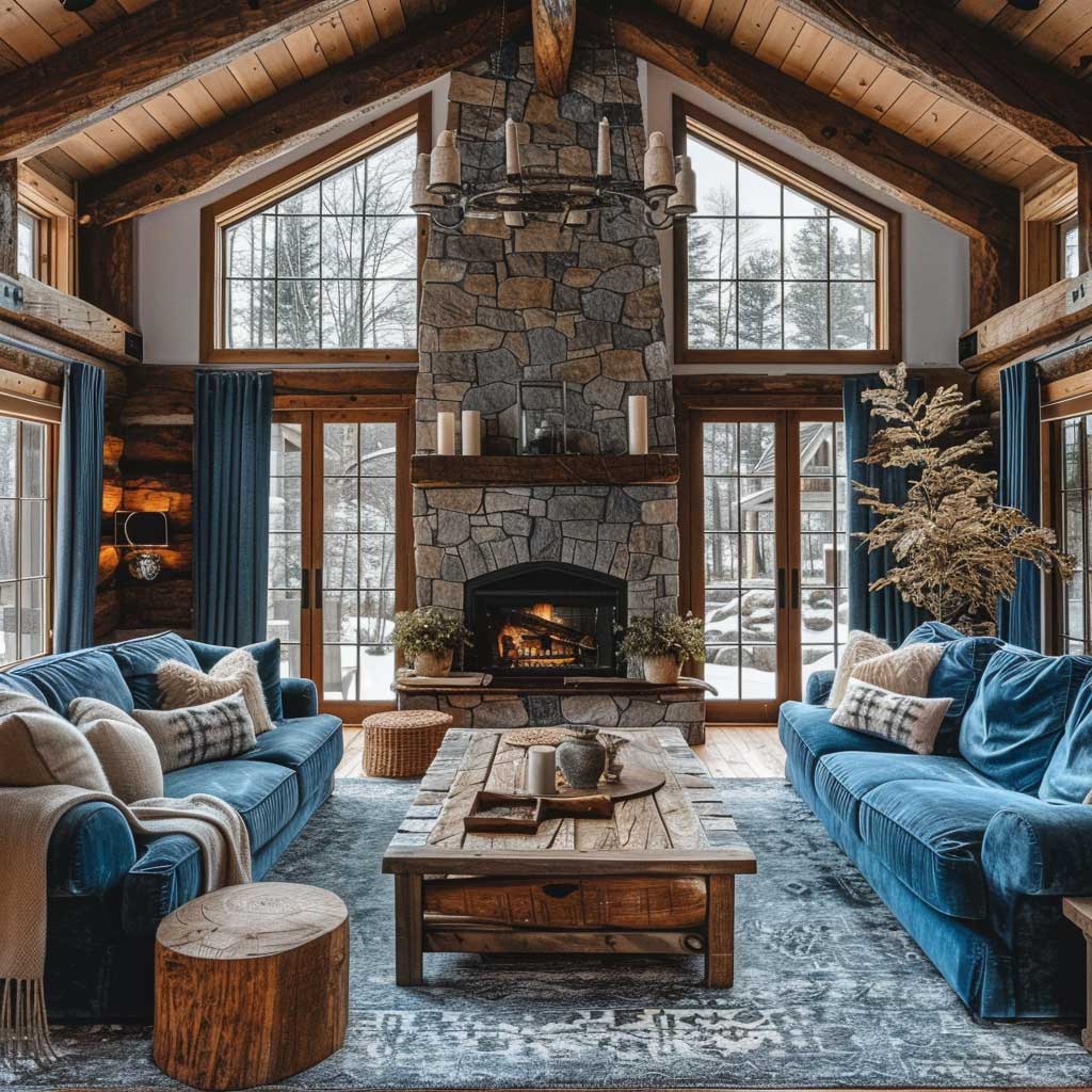 Cozy cabin living room featuring a stone fireplace, rustic wooden beams, plush blue sofas, and soft blue curtains. Warm lighting and natural elements like indoor plants and wooden furniture complete the serene atmosphere.