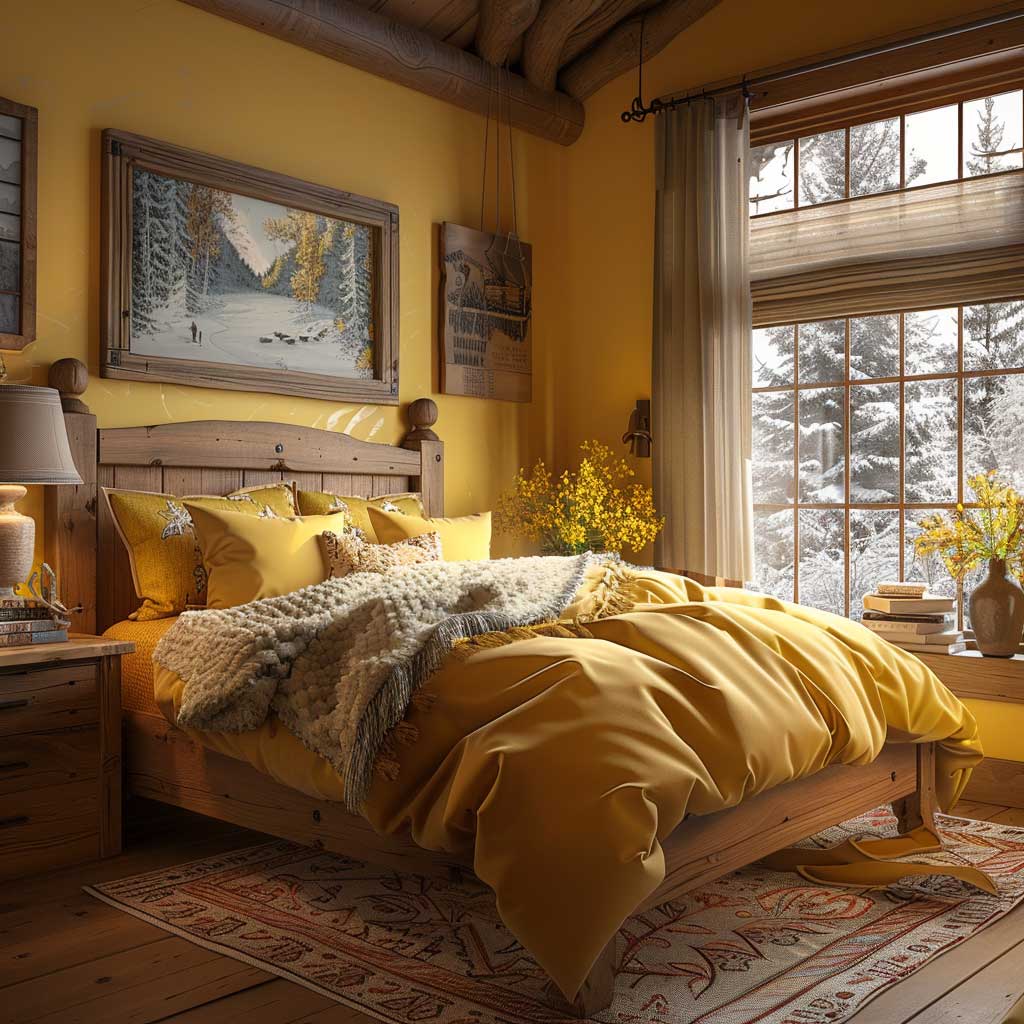 Cozy cabin bedroom with soft yellow walls, a wooden bed frame, yellow bedding, rustic decor accents, and a large window with natural light. Enhance the space with warm lighting and personal touches for a comforting atmosphere.