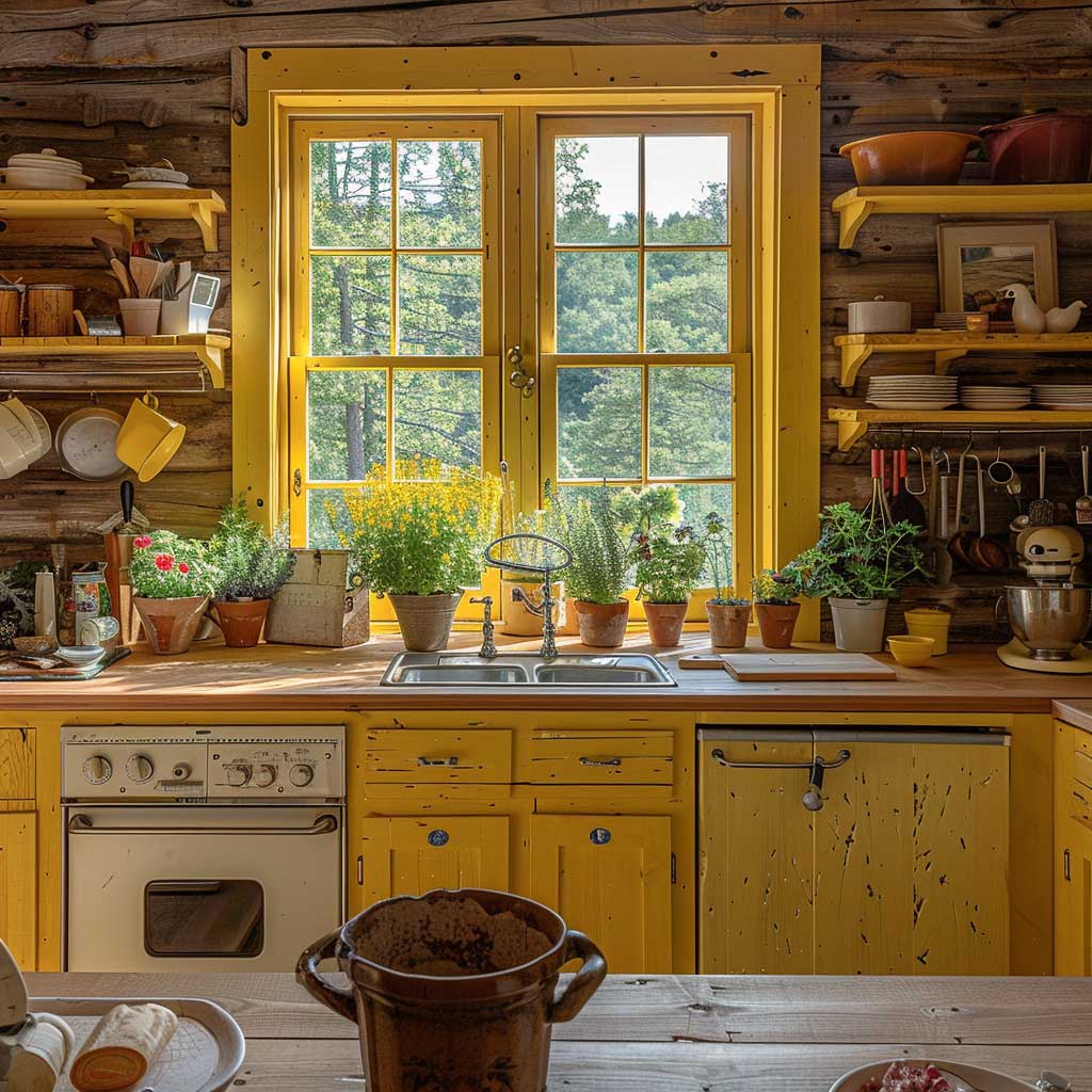 Cozy cabin kitchen with yellow cabinets, vintage appliances, wooden countertops, open shelving with yellow dishware, and a large window with a scenic view. Decorate with potted herbs and rustic touches for a warm, inviting space.