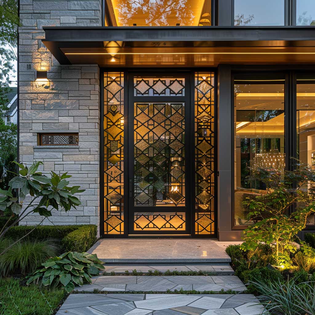 A contemporary steel front door with geometric patterned windows, set in a sleek urban residence with a glass and steel exterior and a manicured entrance garden.