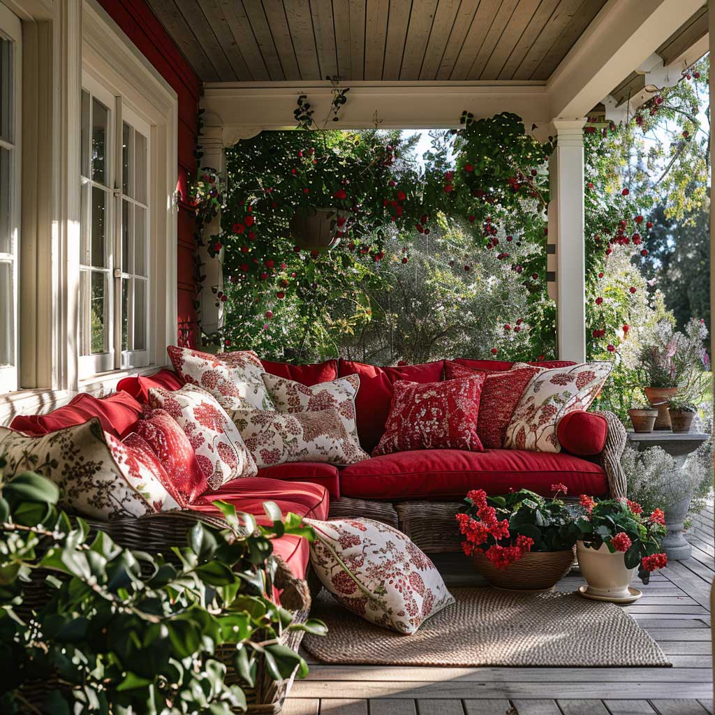 A front porch with cozy red seating, adorned with plush pillows in various shades of red and white, surrounded by green plants and a wooden floor.