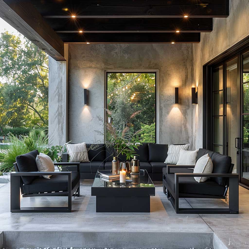 A modern front porch with sleek black outdoor furniture, including a black sofa and matching chairs, accented with white cushions and a glass coffee table, on a concrete floor.