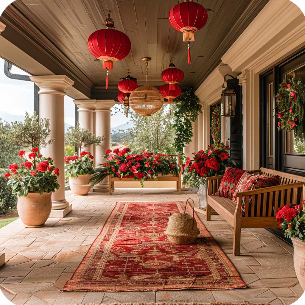 A front porch decorated with festive red lanterns hanging from the ceiling, floral arrangements in red and white, a wooden bench, and a jute rug on a tiled floor.
