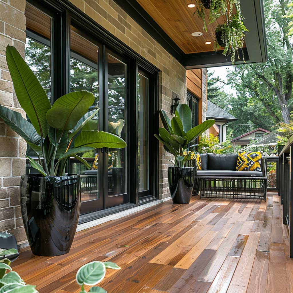 A contemporary front porch featuring large black planters filled with lush green foliage, a black metal bench with decorative pillows, and a wooden deck.