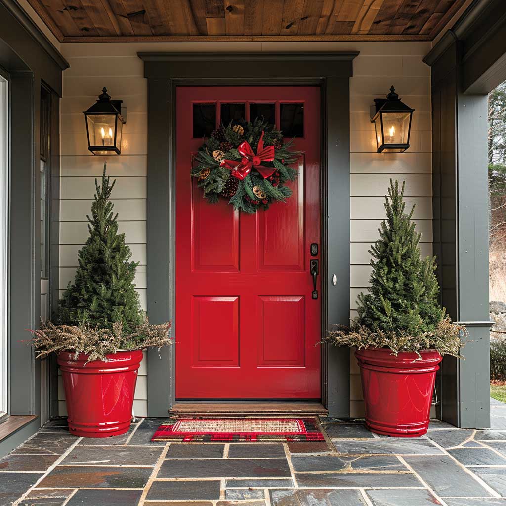 A front porch featuring a bold red door, adorned with a seasonal wreath, matching red planters, and a welcoming doormat on a stone floor.