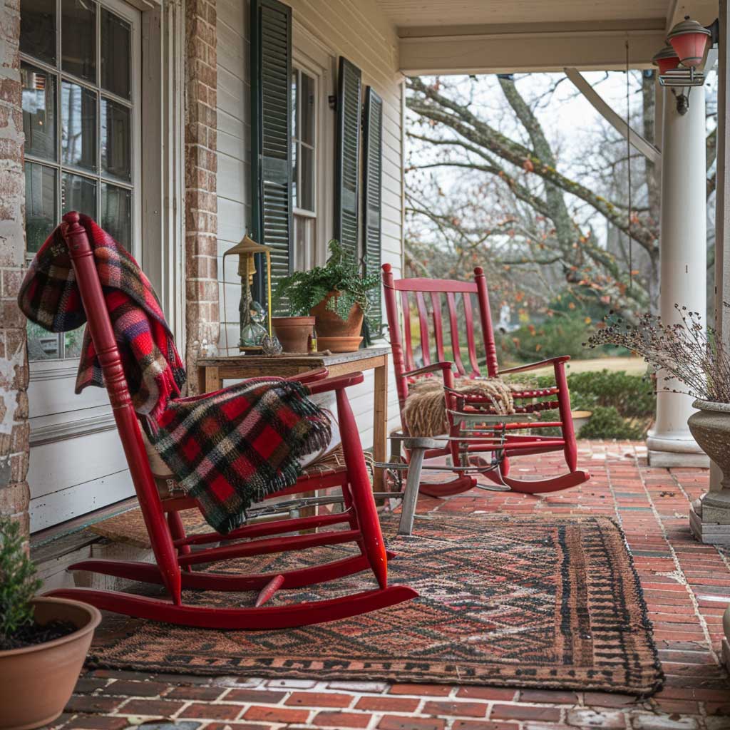 A front porch featuring red rocking chairs, draped with cozy plaid blankets, a wooden table with a potted plant, and a woven rug on a brick floor.