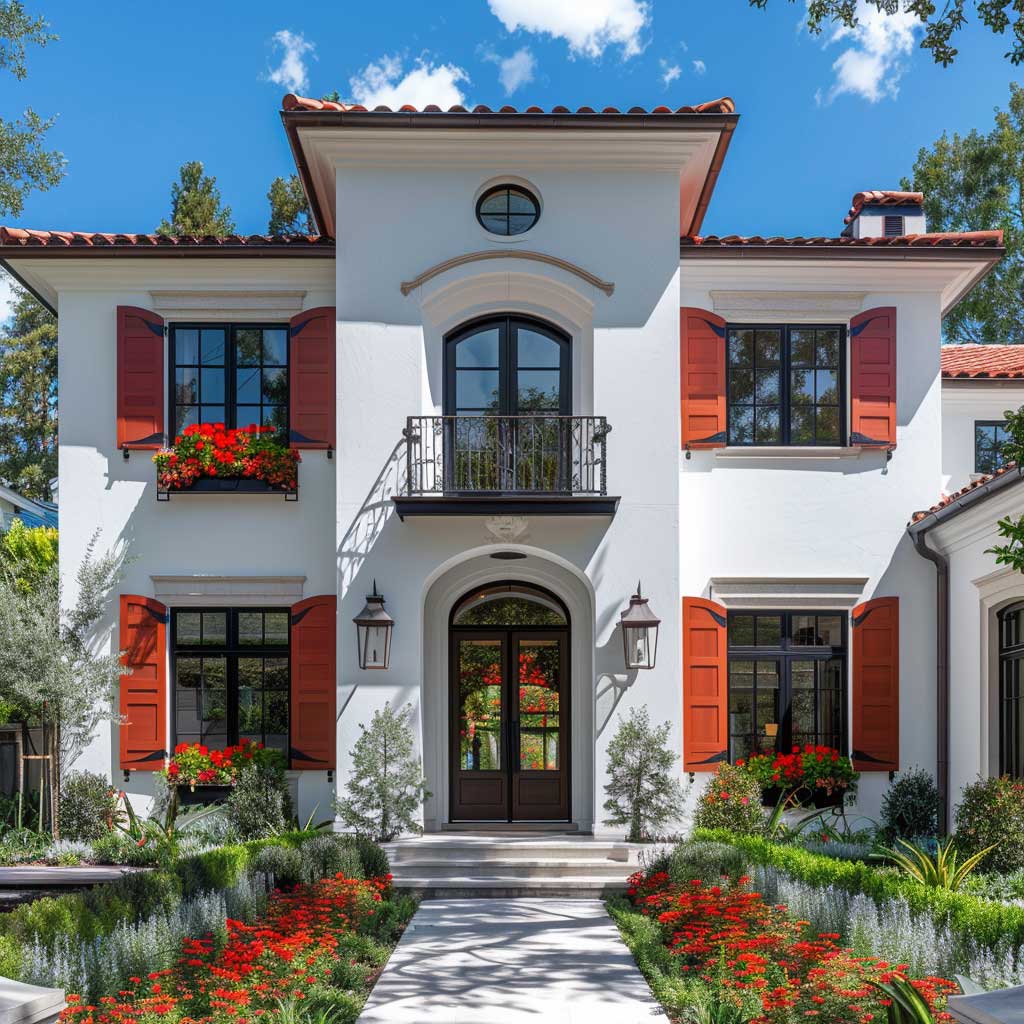 A modern classic home exterior with pristine white walls, featuring bright red accents on window shutters and doors, framed by a well-kept garden.