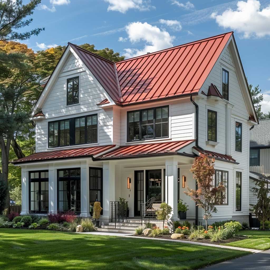 A modern classic home exterior featuring a bright red roof with white siding, complemented by large windows and a neatly landscaped front yard.