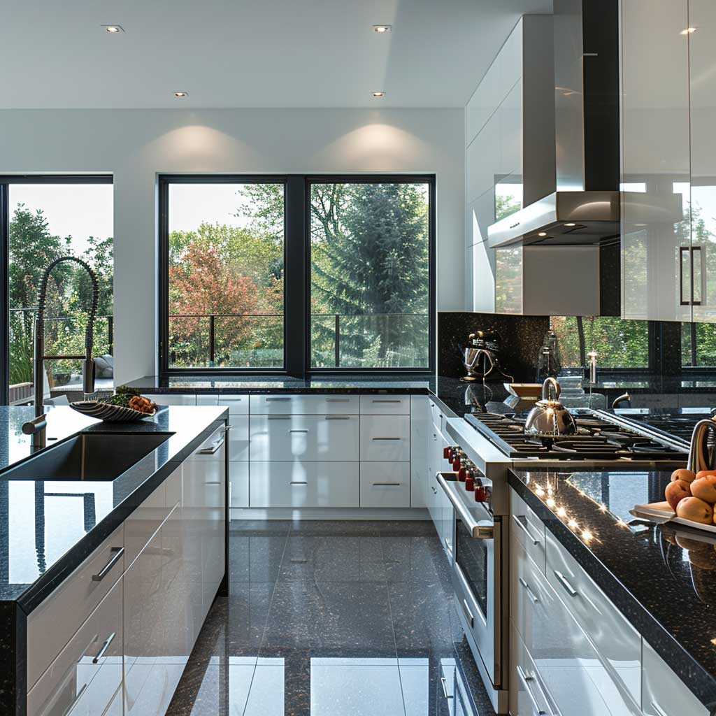 black granite countertop kitchen island with natural light
