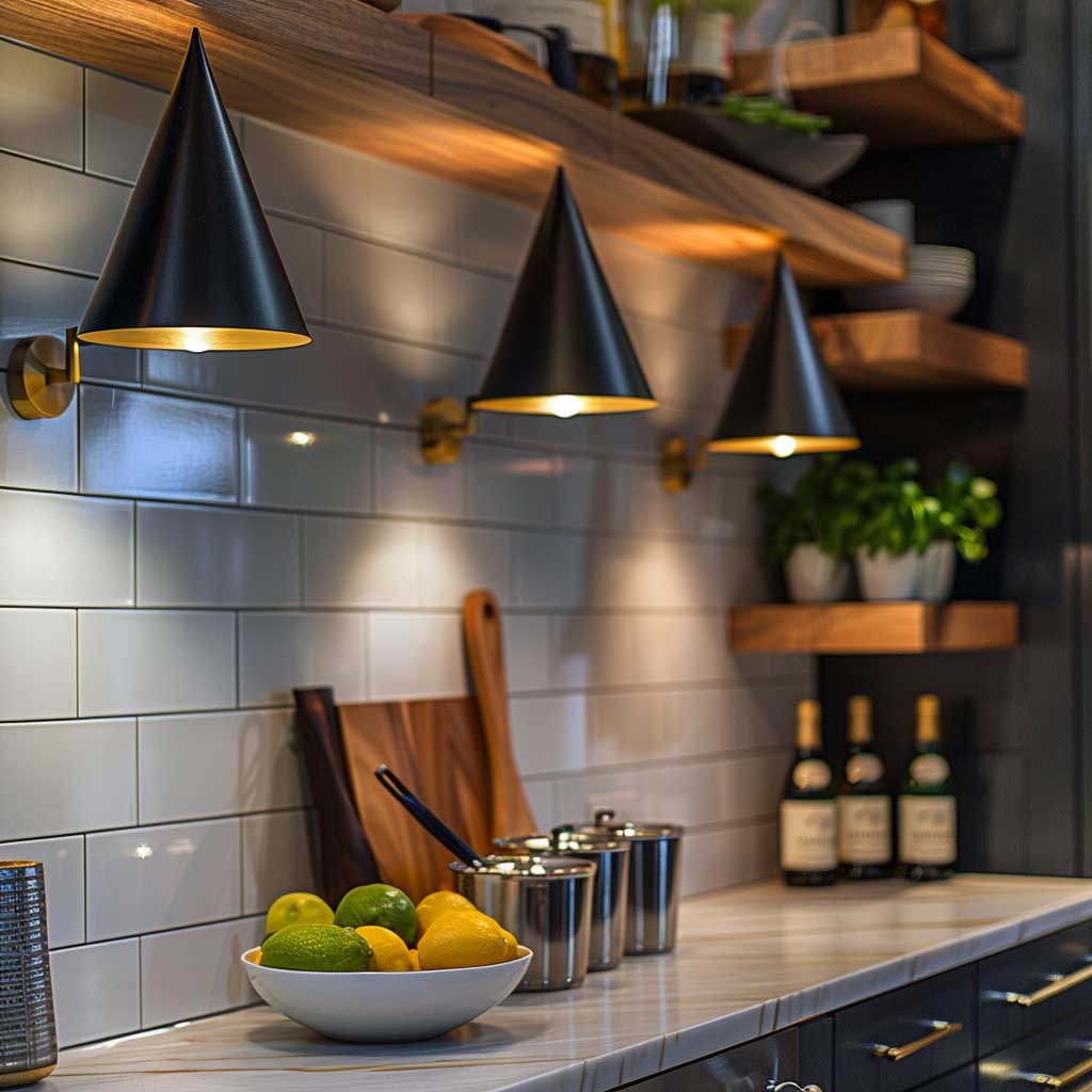 A stylish mid-century modern kitchen featuring cone-shaped wall sconces with matte black finishes and brass accents, illuminating open shelves and a retro backsplash, creating a warm and inviting atmosphere.