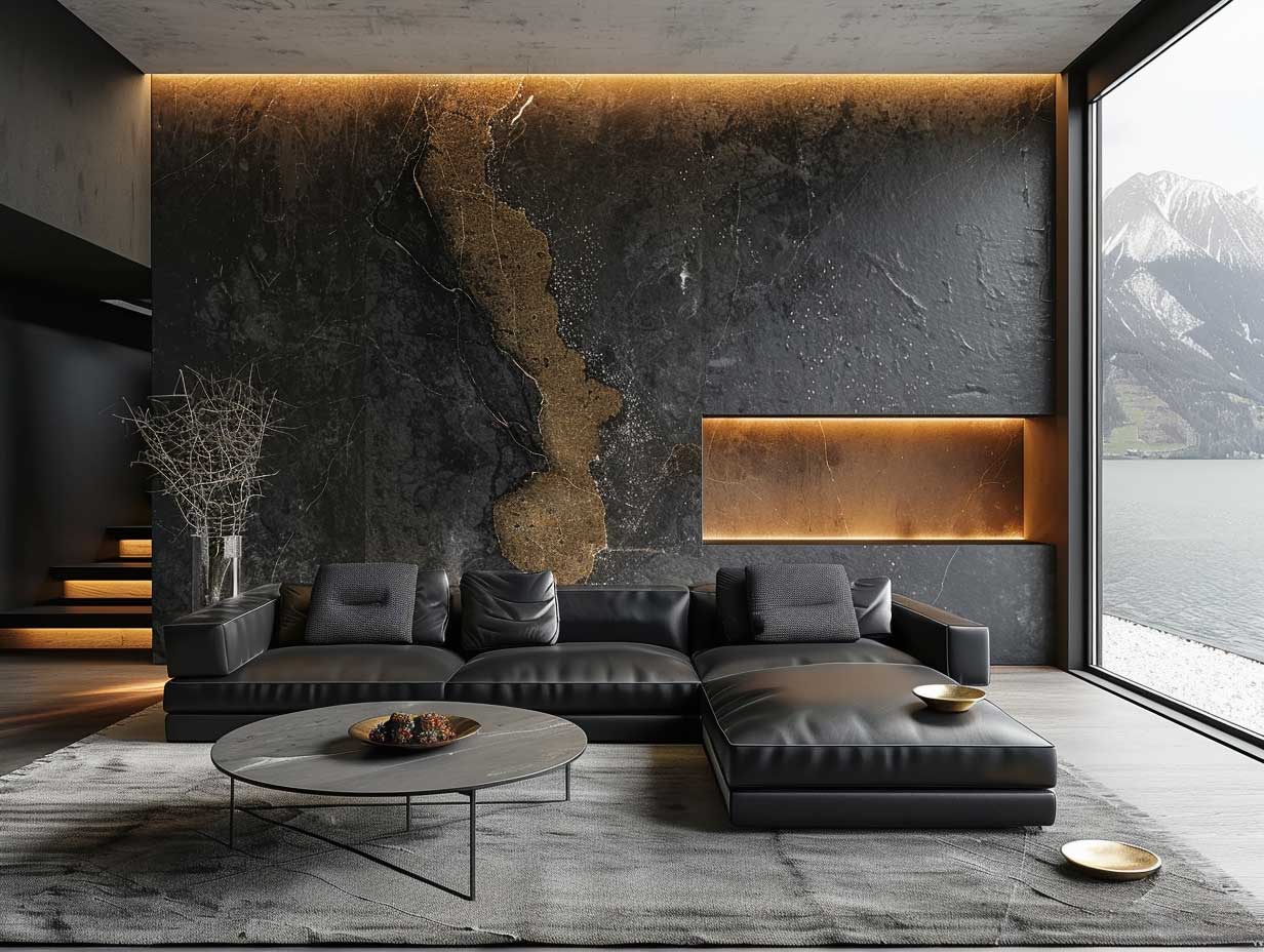 Modern living room with black leather sofa sales
