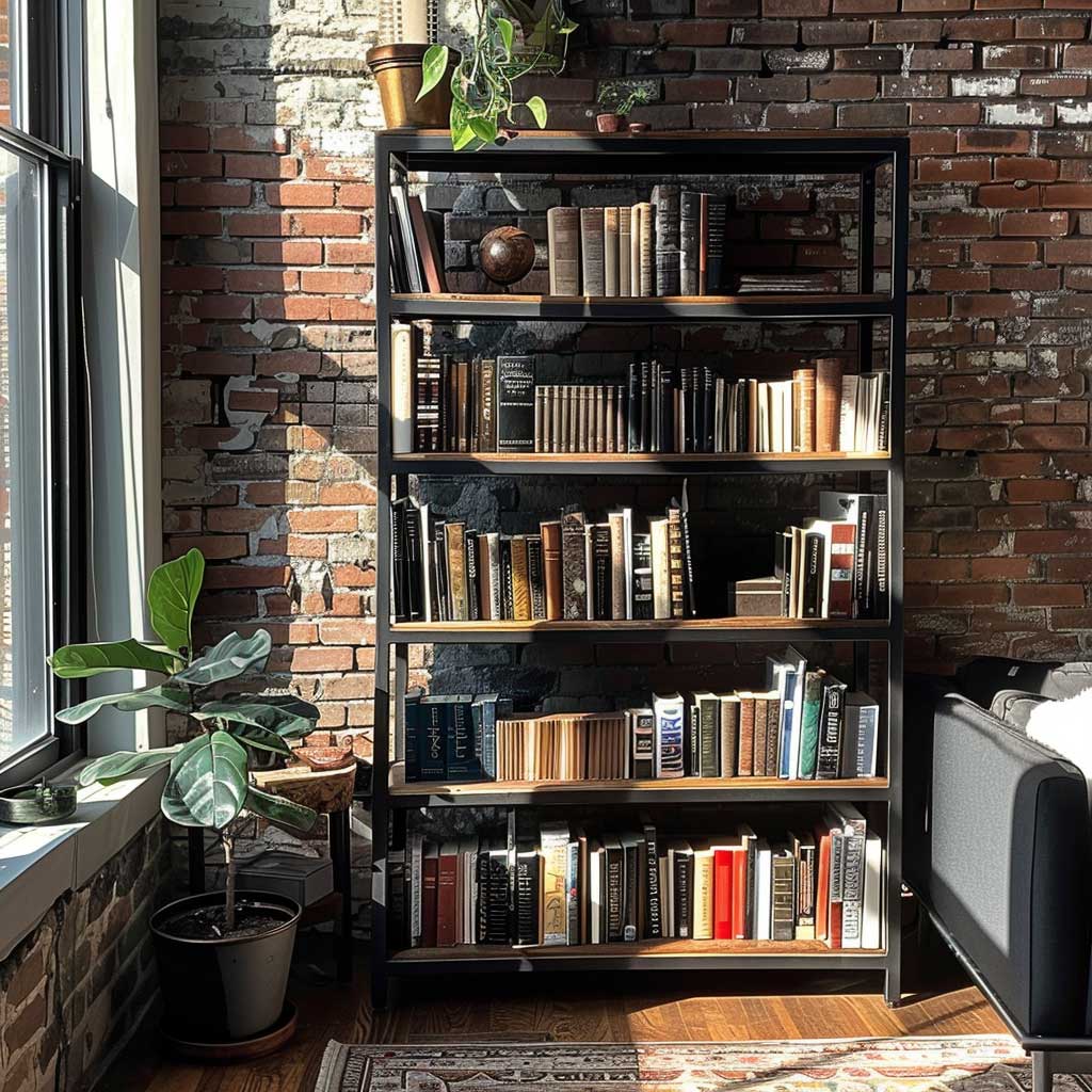 A tall, industrial-style black bookshelf with matte black metal frame and wooden shelves, filled with books and vintage decor, set against a brick wall in a loft apartment.