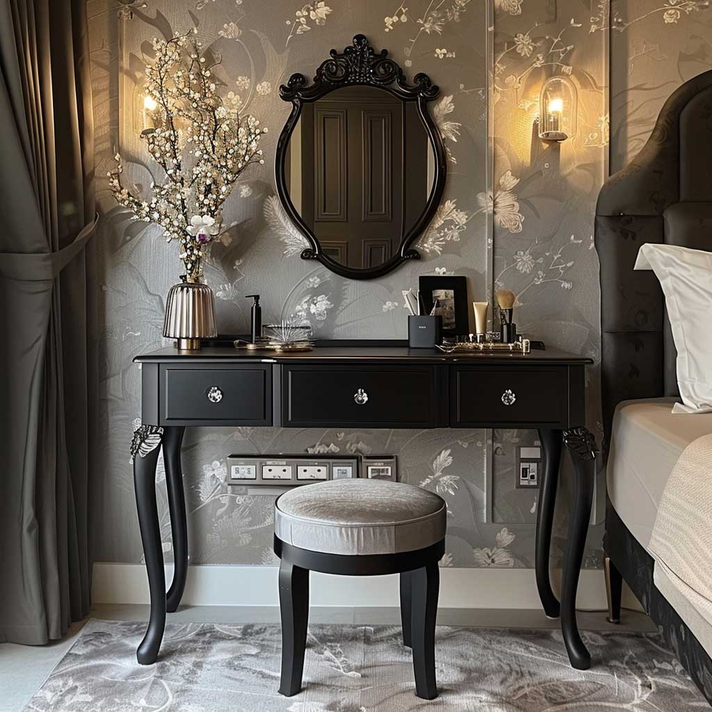 A chic black vanity table with an ornate mirror, featuring a matte black finish and intricate detailing, placed in a glamorous bedroom with elegant decor and soft lighting.