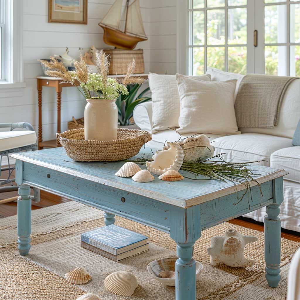 A coastal-style coffee table painted in a light, breezy blue, decorated with seashells, a nautical-themed centerpiece, and set on a natural fiber rug in a bright, airy living room.