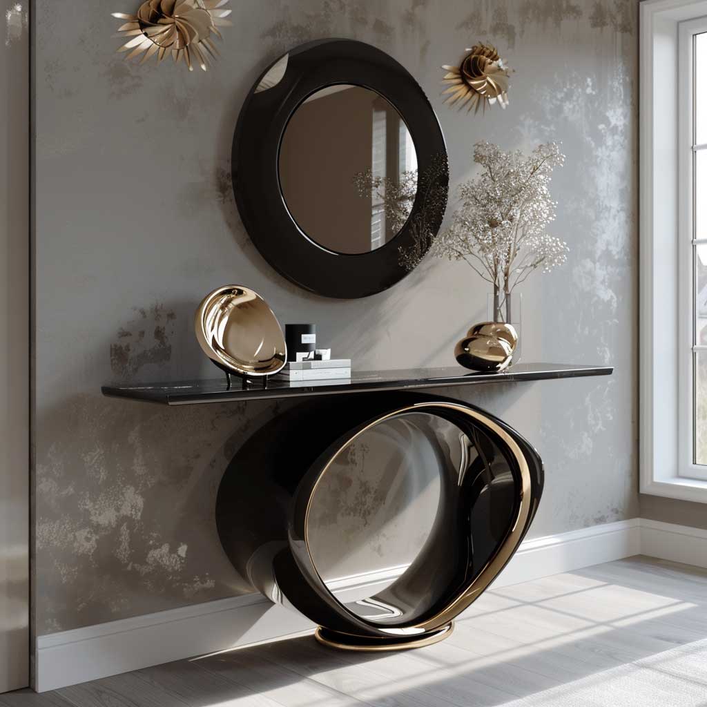 A sleek black console table with a glossy finish, featuring gold accents and clean lines, placed in a chic entryway with modern decor and a statement mirror above it.
