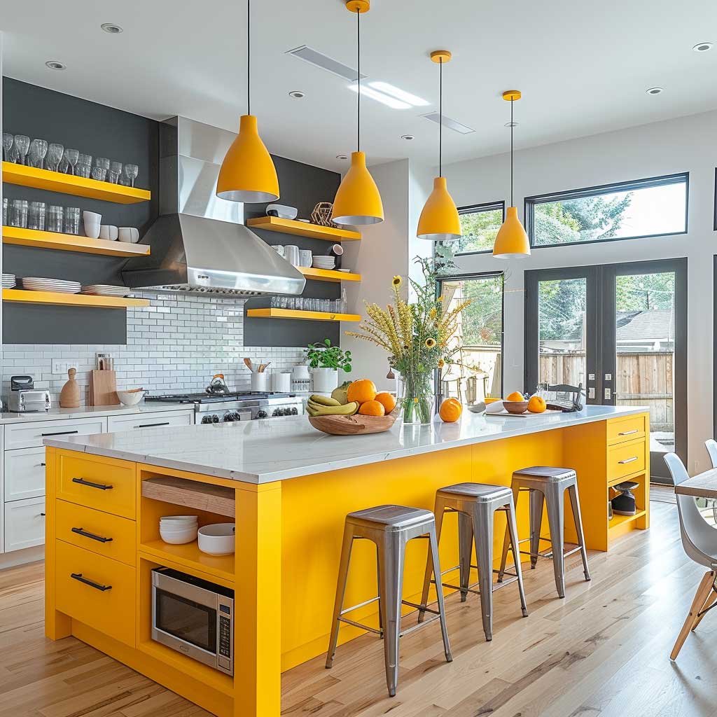 A bright yellow kitchen island with a smooth matte finish, featuring open shelving and modern fixtures, set in a spacious kitchen with white cabinets and stainless steel appliances.