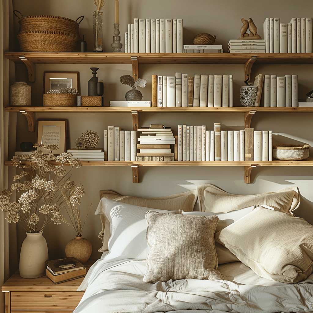 Space-saving bamboo shelves in a small bedroom, filled with books and decorative items, against a backdrop of neutral colors and minimalist design, showcasing eco-friendly and practical storage solutions.