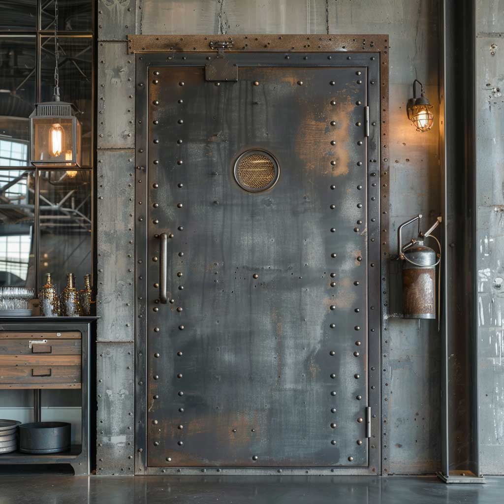 An industrial-style steel door with a raw, unfinished look, featuring rivets and a large, rectangular glass pane, perfect for a loft or warehouse conversion.