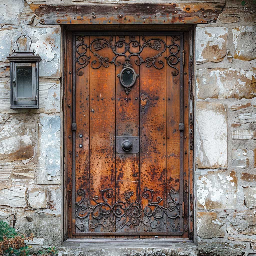 A rustic tubular steel door with a weathered patina, intricate wrought iron accents, and a small window, set in a countryside cottage.