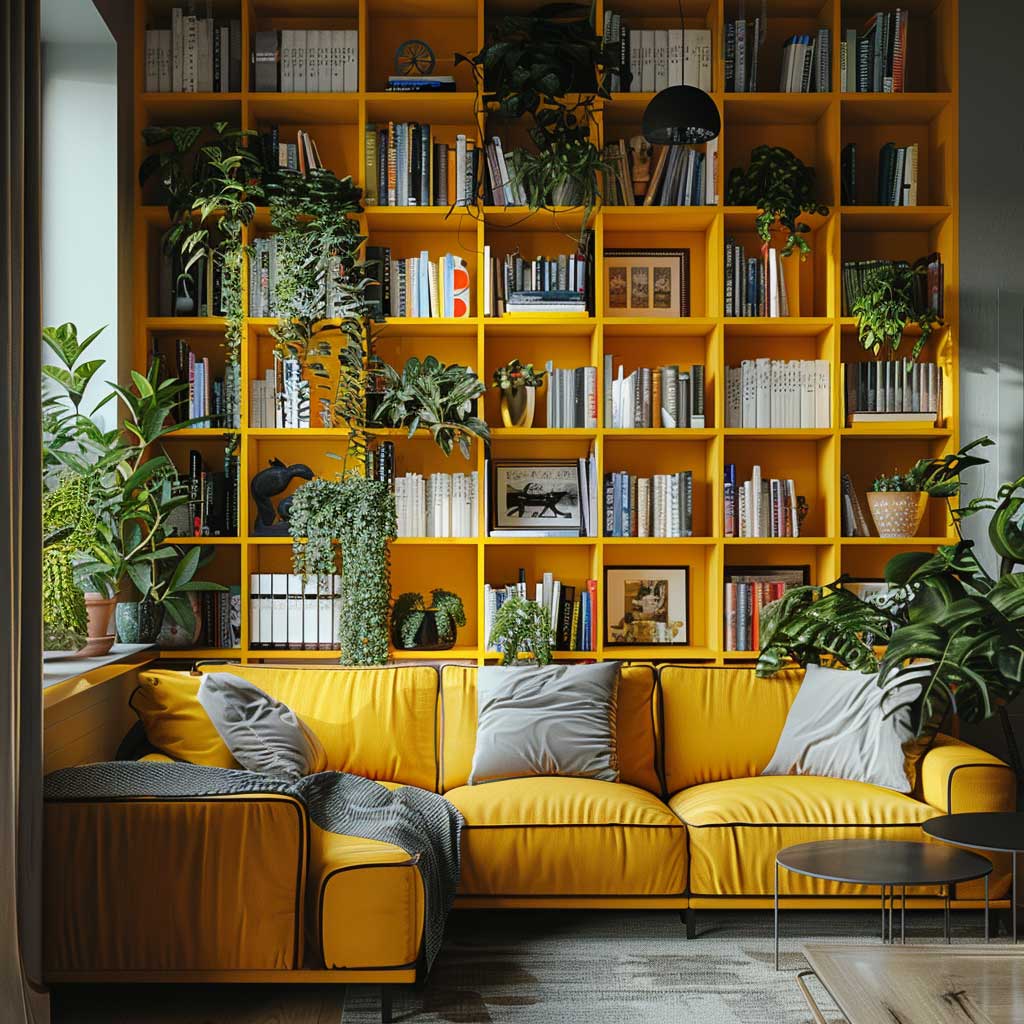 Bright yellow bookshelves with a modern design, filled with books and decor, integrated into a stylish studio apartment, featuring minimalist furniture and green plants.