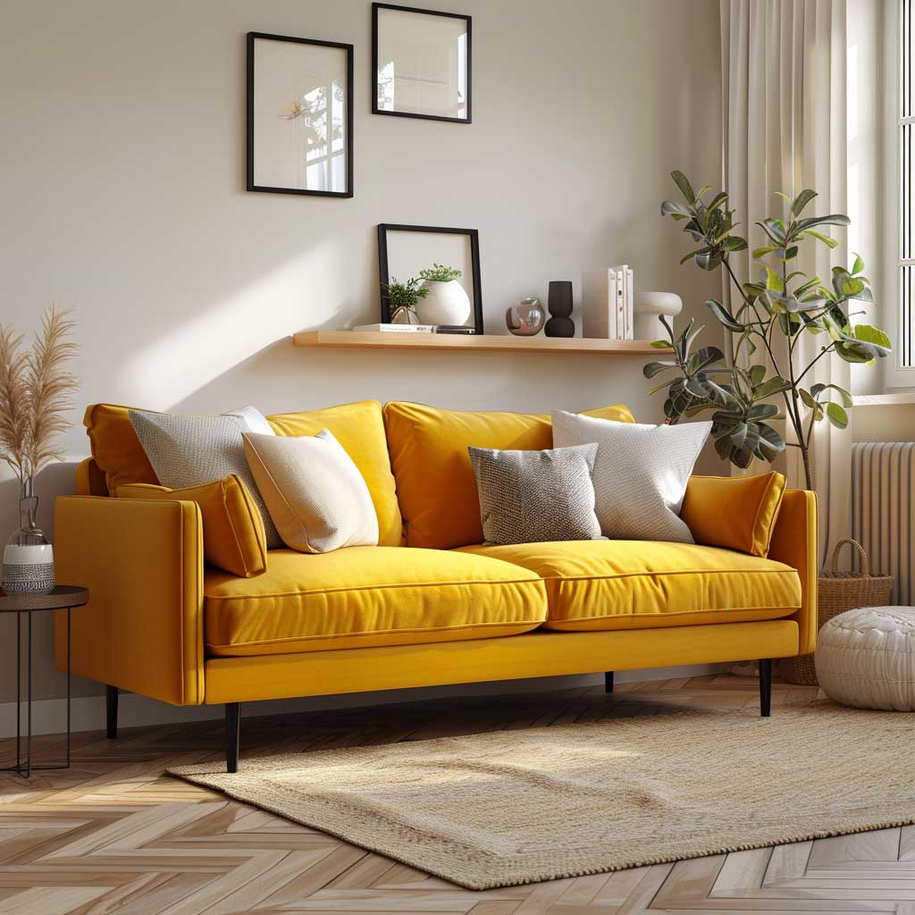 A compact, sunny yellow sofa with sleek lines and a minimalist design, placed in a cozy studio apartment setting, surrounded by modern decor and natural light.