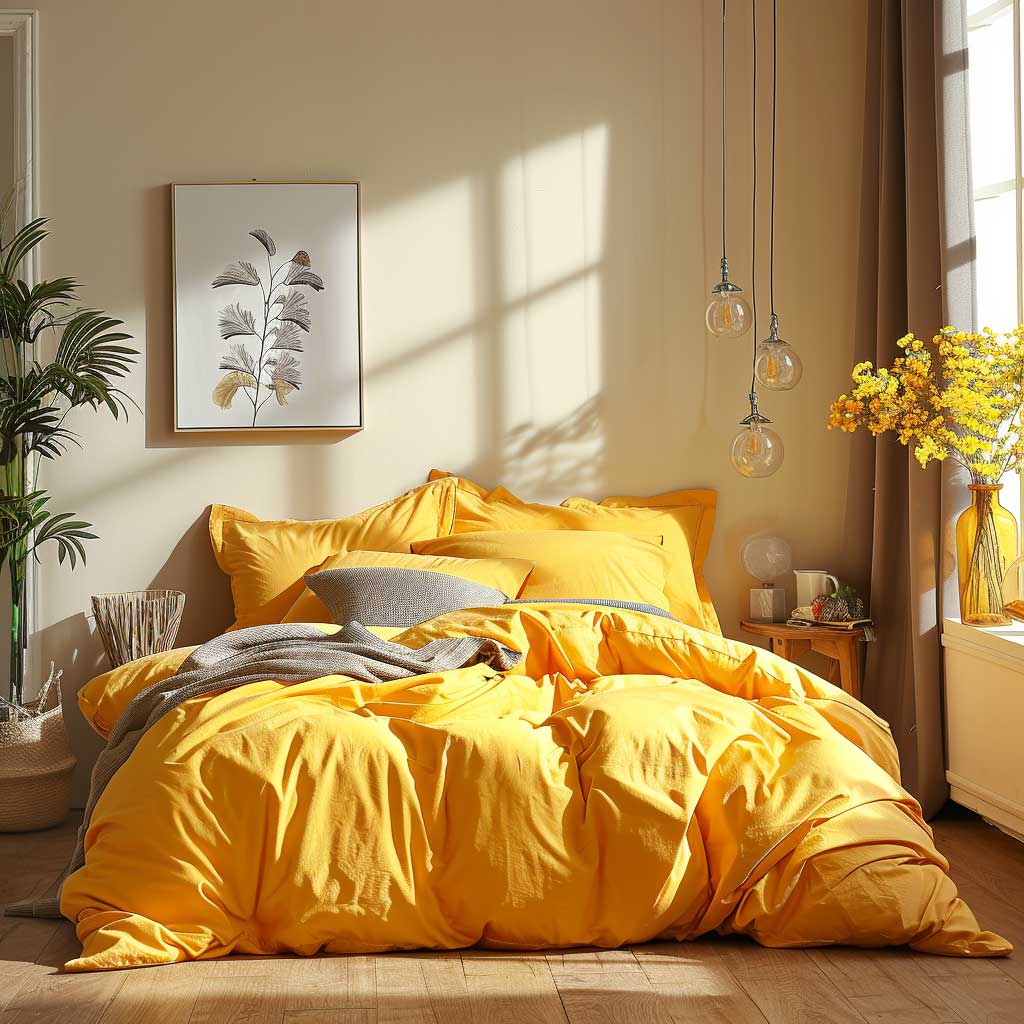 A stylish sunny yellow bed with modern bedding, situated in a cozy studio apartment, surrounded by minimalist decor and bright accents, with natural light flooding the room.